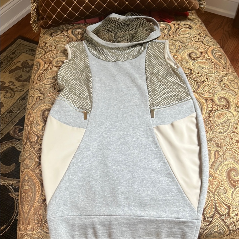 Gray and Cream Sleeveless Dress with Mesh Accents